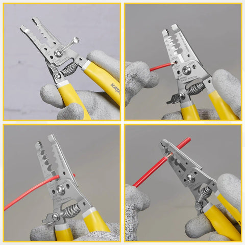 7 Inch Wire Stripper And Cutter Tool For 6 To 12 AWG Stranded Wire Crimping Pliers For 8 32 And 10 32 Screws Pro Grade Multi Function Electrician Stripping And Cutting Tool For Cable Work in use by gloved hands showing close-up operation