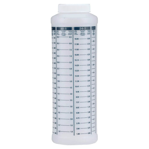 Wide Mouth One Quart Marine Fuel And Oil Mixing Bottle For Quick Precise Two Stroke Engine Ratios Like One Hundred To One Fifty To One Twenty Four To One And Ten To One With Clear Gallon And Liter Level Marks