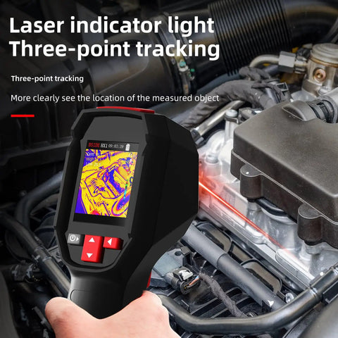 Rechargeable Handheld Infrared Thermal Camera With 240 By 240 Resolution in use, showing screen and laser pointer in engine inspection.