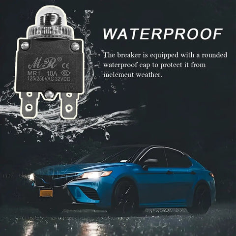 5 Pack Thermal Circuit Breakers 125/250V AC, 32V DC, 10A With Manual Reset Push Button in front of car, waterproof design