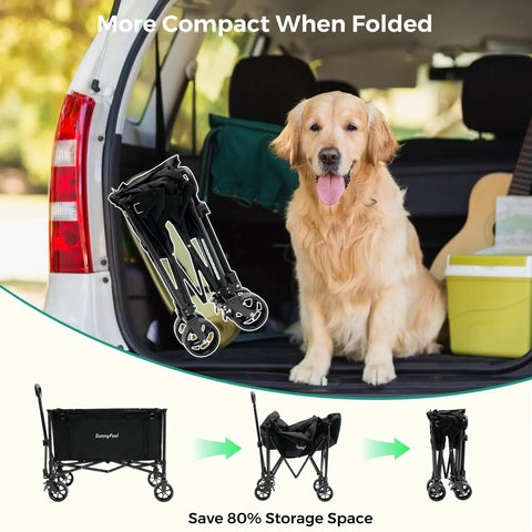 Collapsible Wagon Cart With Wheels 150L Foldable Grocery Wagon with removable side walls shown folded in car trunk with dog