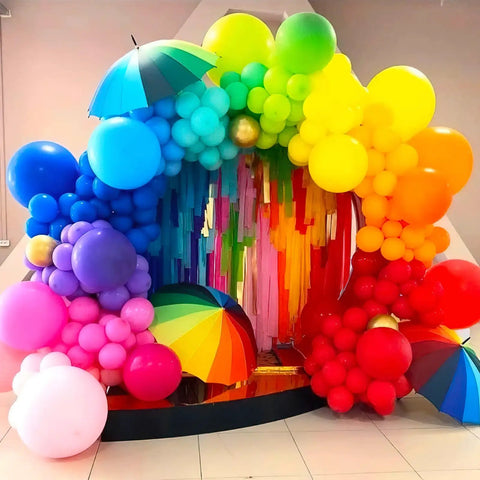 Awesome Assorted Rainbow 5 Inch Latex Balloons 100 Pack For Birthday Bash And Wedding Decor in vibrant party arch setup.