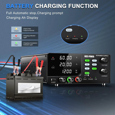 60V 20A DC Power Supply For Battery Charging Beefy Power Bench Regulated Adjustable Switching Supply With OCP Memory Storage Output Switch And Lock Button For Lead Acid Lithium Ion And LiFePO4 Batteries, front view with battery