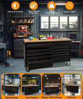61-Inch Heavy-Duty Rolling Tool Chest And Mobile Workbench With 9 Drawers, Rubber Wood Tabletop, Key Locking System in a garage.
