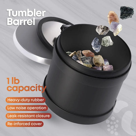 Advanced Rock Tumbler Kit With Digital Polishing Timer and Three Speed Settings showing 1 lb capacity barrel with rocks