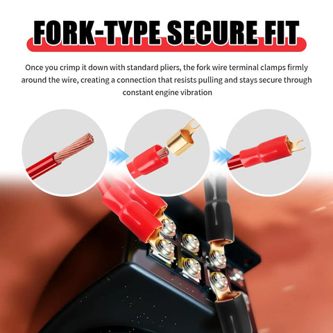 Top Tier 0 Gauge Fork Connectors For Car Audio Power Cables shown crimping securely, ensuring firm connections for high performance.