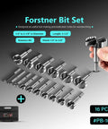 Straight Shooting Precision Forstner Bit Set For Woodworking And Carpentry Smoothly Bores Clean Holes In Hardwood Plywood Composites 16 Piece Pro Drill Kit showing 16 steel bits in a case.