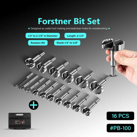 Straight Shooting Precision Forstner Bit Set For Woodworking And Carpentry Smoothly Bores Clean Holes In Hardwood Plywood Composites 16 Piece Pro Drill Kit showing 16 steel bits in a case.