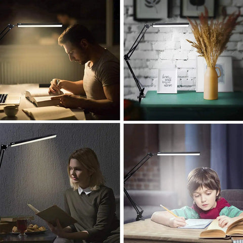 Led Desk Lamp With Clamp And Swing Arm For Easy Setup, Eye Friendly Reading Light in use by various people, home settings.