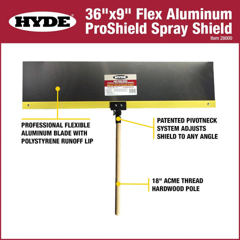 Flexible Aluminum Spray Shield With Adjustable Pivot Neck For Painting Projects 36 By 9 Inches Yellow Pro Grade Build Includes 18 Inch Acme Thread Hardwood Pole And Runoff Lip For Clean Edges And Easy Angle Control.