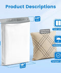 Heavy Duty 19x24 Inch Poly Mailers 500 Pack Bulk Shipping Envelopes for Clothes Self Seal White Plastic Mailing Bags for E Commerce Packaging and Small Biz shown with cushion cover size.