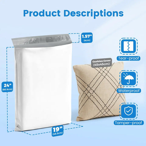 Heavy Duty 19x24 Inch Poly Mailers 500 Pack Bulk Shipping Envelopes for Clothes Self Seal White Plastic Mailing Bags for E Commerce Packaging and Small Biz shown with cushion cover size.