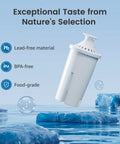 White replacement water filter cartridge for Brita and Mavea pitchers, NSF certified.