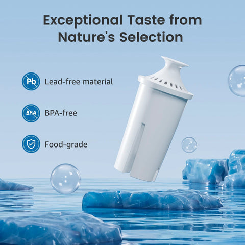 White replacement water filter cartridge for Brita and Mavea pitchers, NSF certified.