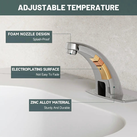 Hands Free No Touch Bathroom Sink Faucet With Motion Sensor And Temperature Control Automatic Sensor Vanity Faucet With Control Box Modern Chrome Finish Battery Or 110V Power Option Includes Hole Cover Plate, close-up of adjustable temperature and foam nozzle design