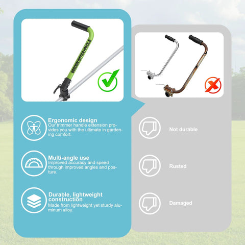Comparison of ergonomic weed eater handle with grip extension for back support and enhanced leverage trimmer handle with gloves.