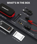 W160 Jump Starter With Air Compressor 5000A Portable Car Jump Pack kit contents with storage, clamps, cables, and adapters
