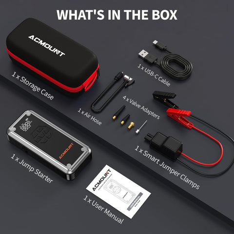W160 Jump Starter With Air Compressor 5000A Portable Car Jump Pack kit contents with storage, clamps, cables, and adapters