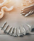 Heavy Duty Forstner Drill Bit Set 30 To 60 Mm Six Piece Kit Features carbide tips and HSS shank on a wooden surface with wood shavings.