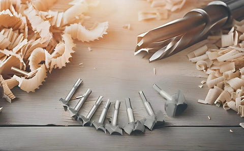 Heavy Duty Forstner Drill Bit Set 30 To 60 Mm Six Piece Kit Features carbide tips and HSS shank on a wooden surface with wood shavings.