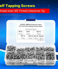 M3 Screws Assortment Kit 500 Pcs Button Head Self Tapping Screws Stainless Steel 304 in a plastic organizer box.