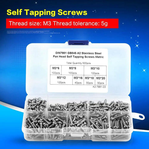 M3 Screws Assortment Kit 500 Pcs Button Head Self Tapping Screws Stainless Steel 304 in a plastic organizer box.