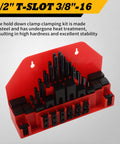 Heavy Duty 58-Piece T-Slot Clamp Kit With 1/2 And 3-8 Studs arranged on red holder for milling CNC machining tables.