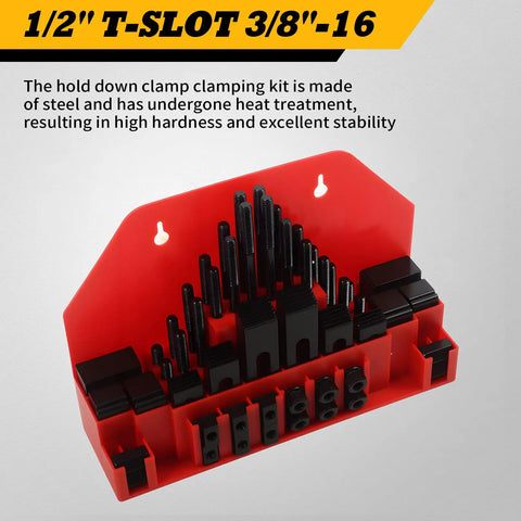 Heavy Duty 58-Piece T-Slot Clamp Kit With 1/2 And 3-8 Studs arranged on red holder for milling CNC machining tables.
