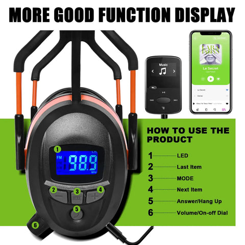 Pro Bluetooth Hearing Protection Earmuffs With FM Radio And MP3 Player 4GB SD Card NRR 29dB Noise Cancelling Headphones For Mowing Lawns And Yard Work Rechargeable BL-5B Battery Bold Orange