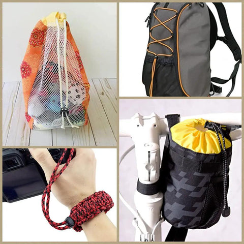 Ten Pack BabyPink Plastic Bungee Cord Locks for drawstrings on various bags, showing versatility and usage in outdoor gear.