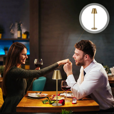 Couple dining with Cordless 2 Pack Desk Lamps With 5000mAh Rechargeable Battery And 3 Level Dimmable LED Night Light For Bedroom, Dining, And Restaurant Metal Bronze Finish No Cord Needed Portable Table Lamps