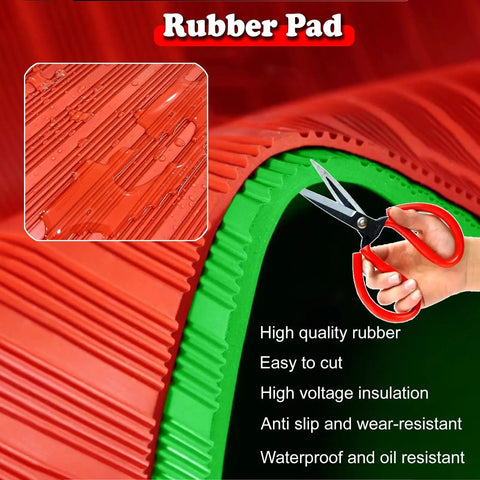 Cuttable Rubber Insulating Mat For Electrical Safety On Substations And Factories With Anti Slip Stripes being cut by scissors
