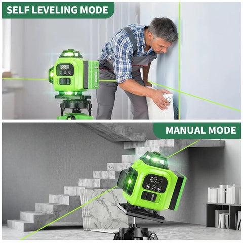 Self leveling and manual mode of 16 Line Laser Level 360 Self Leveling With 4x360 Green Cross Lines 4D Professional Layout Tool