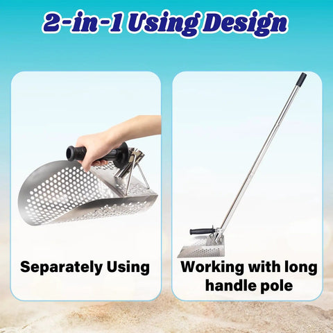 Heavy Duty Stainless Steel Sand Scoop For Metal Detecting With Long Handle Kit Includes Pinpointer Shovel And Gloves shown separately and with handle