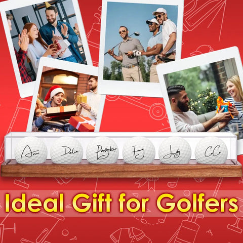 Crystal Clear UV Protected Golf Ball Display Case For Six Balls shown with photos of happy gift recipients, red background.