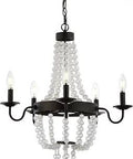 Bronze 21.5 Inch 5-Light Iron And Acrylic Beaded Chandelier with adjustable height, featuring clear beads and LED bulbs
