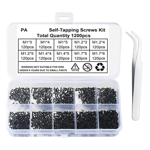 Hella Strong 1200 Piece Micro Tapping Screws Tight Cross Drive Threads Sleek Flat Heads Zero Slack For Circuit Boards And Diy Crafts Ready To Go Boxed Set in organizer.