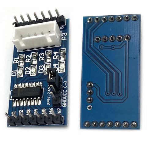 Two blue ULN2003 driver boards for 28BYJ-48 5V stepper motor; Arduino-compatible modules with white connector and header pins.