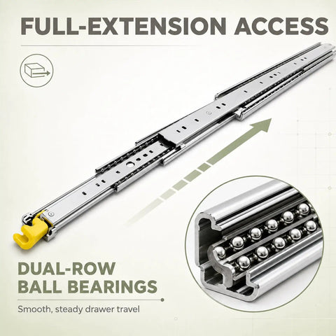 Beefy Heavy Duty Drawer Slides 500 Lb Capacity Full Extension Runners With Lock For Cabinets And Tool Chests Built From Tough Steel Smooth Quiet Glide Industrial Grade Ball Bearings, full-extension steel slide with yellow lock handle