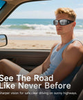 Man wearing Over Glasses Sunglasses For Men And Women Polarized Anti Glare Sun Glasses UV Protection Wraparound Yellow Lenses in car by beach.