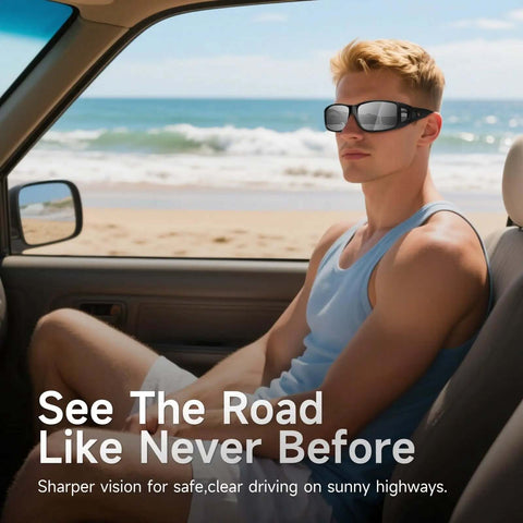 Man wearing Over Glasses Sunglasses For Men And Women Polarized Anti Glare Sun Glasses UV Protection Wraparound Yellow Lenses in car by beach.
