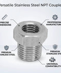 Stainless Steel NPT Adapter Converting 1 16 Female To 1 8 Male Thread Specs For Auto Mechanic Needs Ensuring Zero Leak Risks With Secure Grip On Any Pipe System Today It Holds Up Well And Prevents Damage Saving You Cash On Repairs Today. stainless steel NPT coupler, female top and male thread