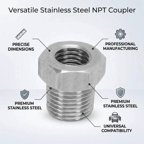 Stainless Steel NPT Adapter Converting 1 16 Female To 1 8 Male Thread Specs For Auto Mechanic Needs Ensuring Zero Leak Risks With Secure Grip On Any Pipe System Today It Holds Up Well And Prevents Damage Saving You Cash On Repairs Today. stainless steel NPT coupler, female top and male thread