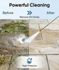 High Pressure Garden Hose Nozzle With Metal Power Washer Wand cleaning patio with visible dirt removal, brass connector visible