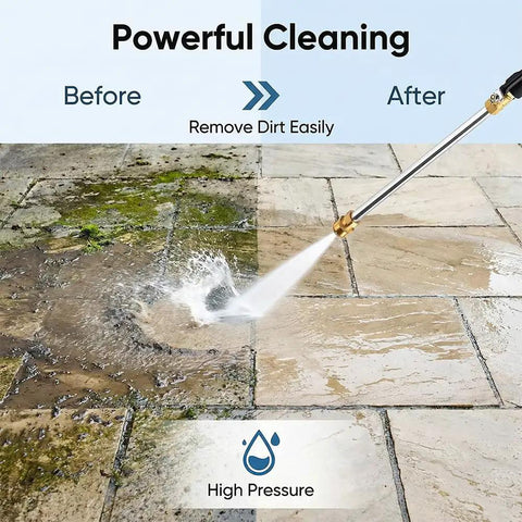 High Pressure Garden Hose Nozzle With Metal Power Washer Wand cleaning patio with visible dirt removal, brass connector visible