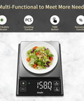 11 Lb Digital Food Scale with Pro Grade Precision 0.0001 Lb Per Division for Precise Cooking Baking and Coffee Stainless Steel Kitchen Scale with Large LED Display Black showing salad weighing 158.0 grams on display.