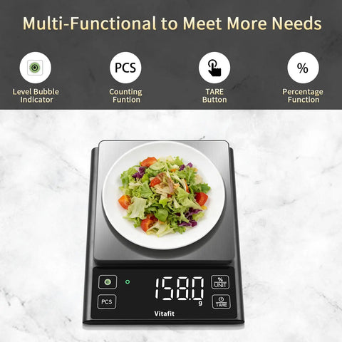 11 Lb Digital Food Scale with Pro Grade Precision 0.0001 Lb Per Division for Precise Cooking Baking and Coffee Stainless Steel Kitchen Scale with Large LED Display Black showing salad weighing 158.0 grams on display.