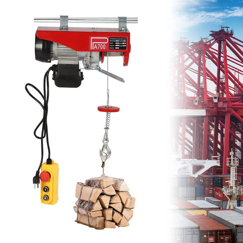 Heavy Duty Electric Hoist With 1543 Lbs Capacity And Dual Rope Modes For Garage Or Warehouse lifting stacked wood with wired remote.