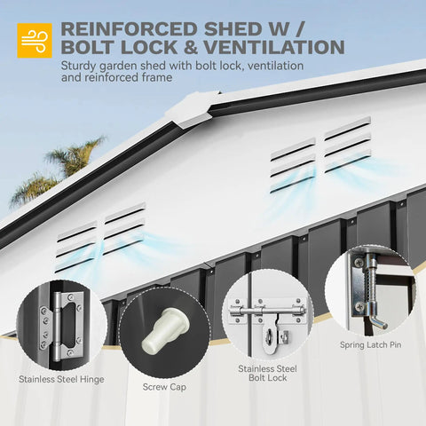 Close-up of 10 Ft By 8 Ft Metal Outdoor Storage Shed With Windows And Lockable Doors Sloped Roof Waterproof vents and lock features