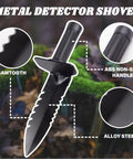 Close-up of metal detector shovel with sawtooth edge, ABS non-slip handle, alloy steel blade featured in Heavy Duty Stainless Steel Sand Scoop For Metal Detecting With Long Handle Kit Includes Pinpointer Shovel And Gloves Beach Treasure Hunting Gear For Relics And Coins.